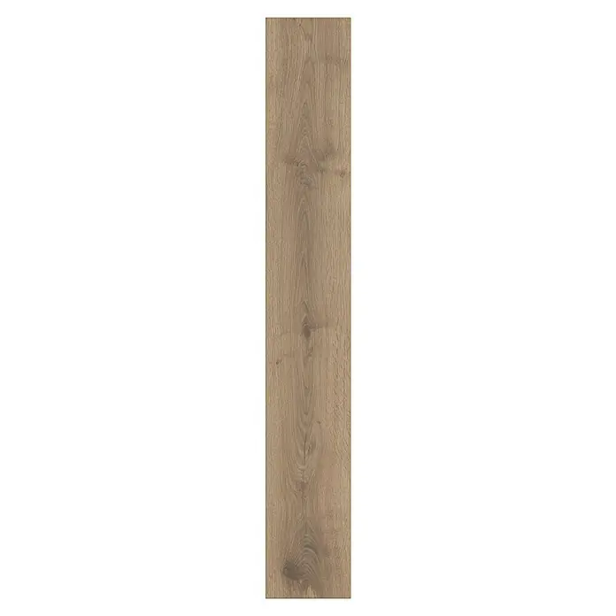 Krono Original Laminatmuster Atlantic 12 Haybridge Oak - 297 x 192 x 12 mm, Landhausdiele, Haybridge Oak - Detailaufnahme einer Holzplanke mit Maserung und Astloch für Bodenbeläge oder Möbelbau.