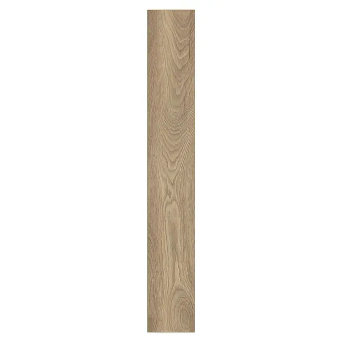 Krono Original Laminat Atlantic 12 - Haybridge Oak, Landhausdiele, 1.288 x 195 x 12 mm - Nahaufnahme einer Holzplatte mit sanften, wirbelnden Maserungen, die eine natürliche und warme Ästhetik erzeugen. Ideal für Möbel und Innenausbau.