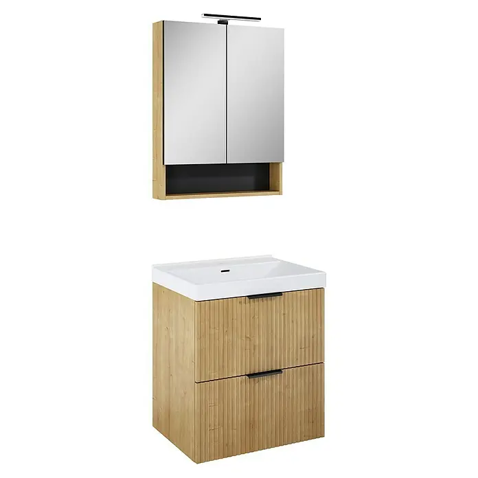Camargue Badmöbel-Set Yasumi - 60 cm, Hamilton Eiche - Ein moderner Waschtisch mit Holzstruktur und passendem Spiegelschrank. Die perfekte Badezimmereinrichtung für stilvolles Design.