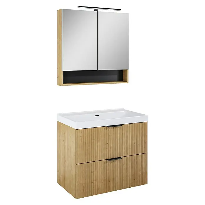 Camargue Badmöbel-Set Yasumi - 81 cm, Hamilton Eiche - Badezimmer-Set mit einem Waschtischunterschrank mit zwei Schubladen in Holzoptik und einem Spiegelschrank mit Beleuchtung.