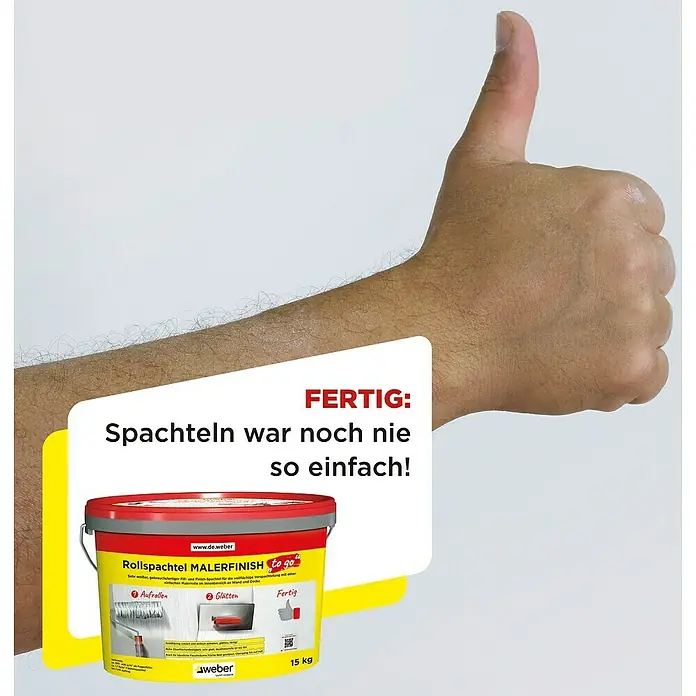 SG Weber Rollspachtel Malerfinish To Go - 15 kg, Gebrauchsfertig - Daumen hoch für Rollspachtel Malerfinish to go von Weber. Spachteln war noch nie so einfach! Für ein optimales Finish auf Wand und Decke.