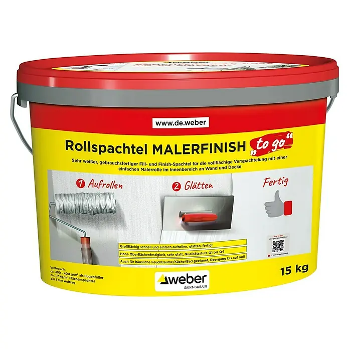 SG Weber Rollspachtel Malerfinish To Go - 15 kg, Gebrauchsfertig - Produktbild eines Eimers Rollspachtel MALERFINISH to go von Weber, gebrauchsfertige Spachtelmasse für Wand- und Deckenflächen.