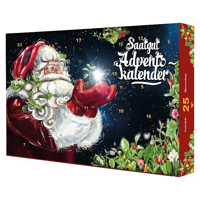 Adventskalender Saatgut - 24 verschiedene Arten von Blumen, Gemüse und Kräutersamen - Saatgut-Adventskalender mit Weihnachtsmann, der einen leuchtenden Keimling hält und von Pflanzen umgeben ist.