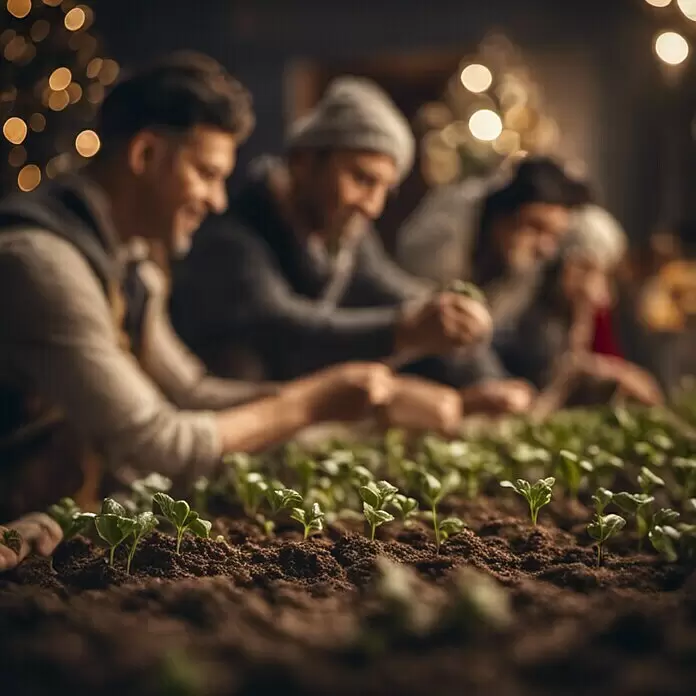 Adventskalender Saatgut - 24 verschiedene Arten von Blumen, Gemüse und Kräutersamen - Nahaufnahme junger grüner Setzlinge in brauner Erde, mit verschwommenen Personen im Hintergrund, die sie pflegen.