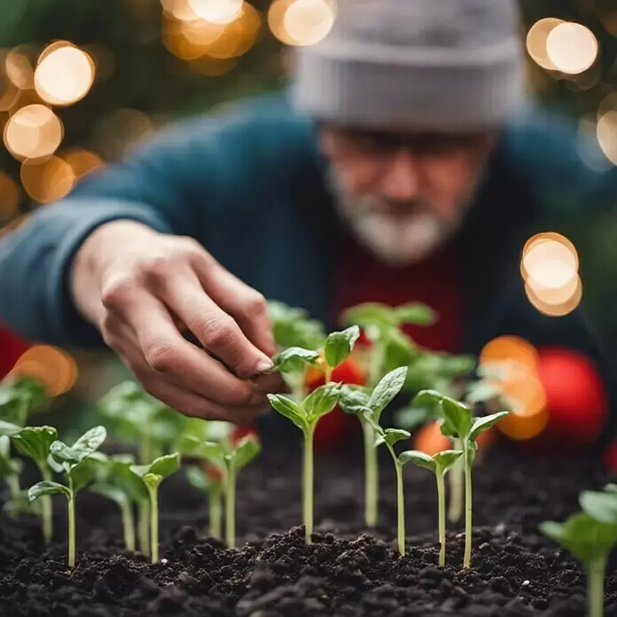 Adventskalender Saatgut - 24 verschiedene Arten von Blumen, Gemüse und Kräutersamen - Eine Hand pflegt zarte grüne Sämlinge in dunkler Erde.