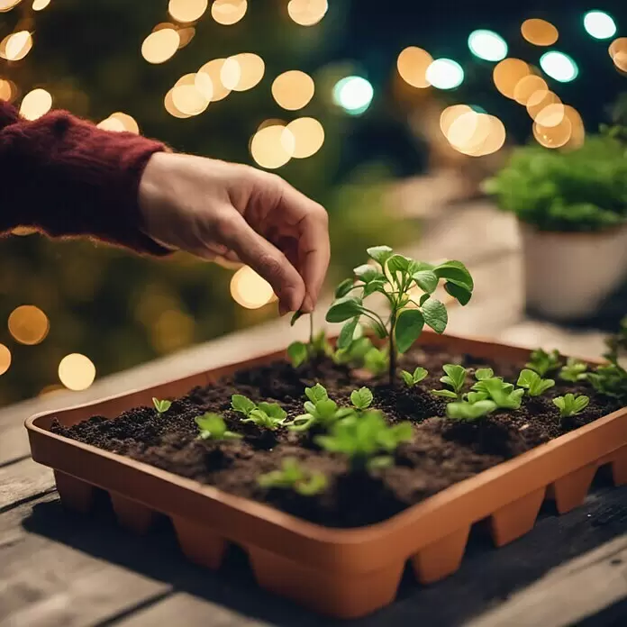 Adventskalender Saatgut - 24 verschiedene Arten von Blumen, Gemüse und Kräutersamen - Terracottafarbene Kunststoff-Anzuchtschale mit jungen Pflanzen, eine Hand pflegt die Setzlinge.