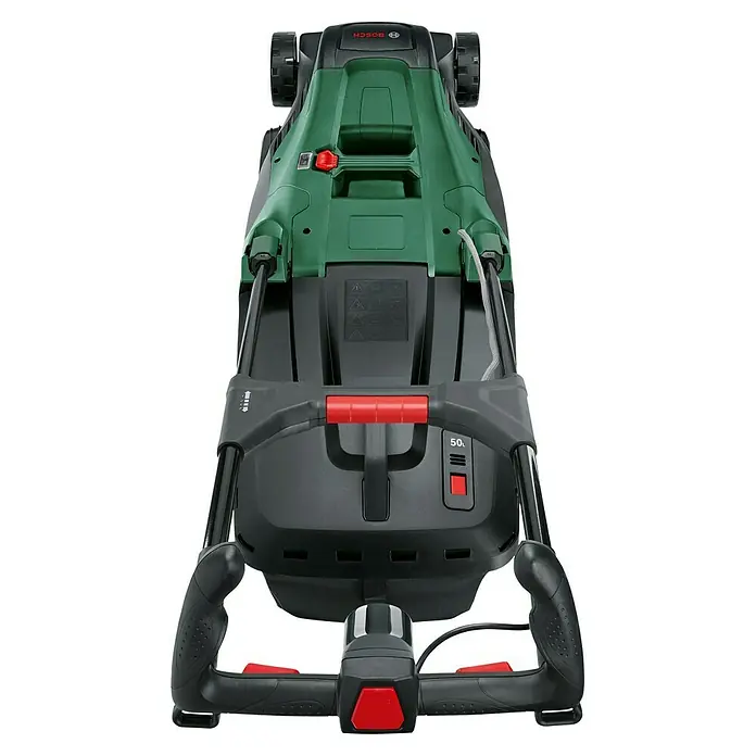 Bosch Elektro-Rasenmäher AdvancedRotak 44-750 - 1.800 W, Schnittbreite: 44 cm - Ansicht von oben eines Bosch-Rasenmähers, der ein grünes und schwarzes Gehäuse sowie einen roten Startknopf aufweist.