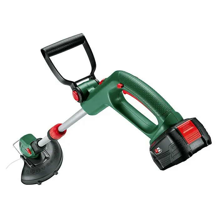 Bosch Power for All 18V Akku-Rasentrimmer UniversalGrassCut 18V-26-500 - 18 V, 2 Ah, Li-Ionen, 1 Akku - Akkubetriebener Rasentrimmer von Bosch, grün und schwarz mit rotem Akzent, ideal für präzise Rasenpflege und Kantenschnitt.