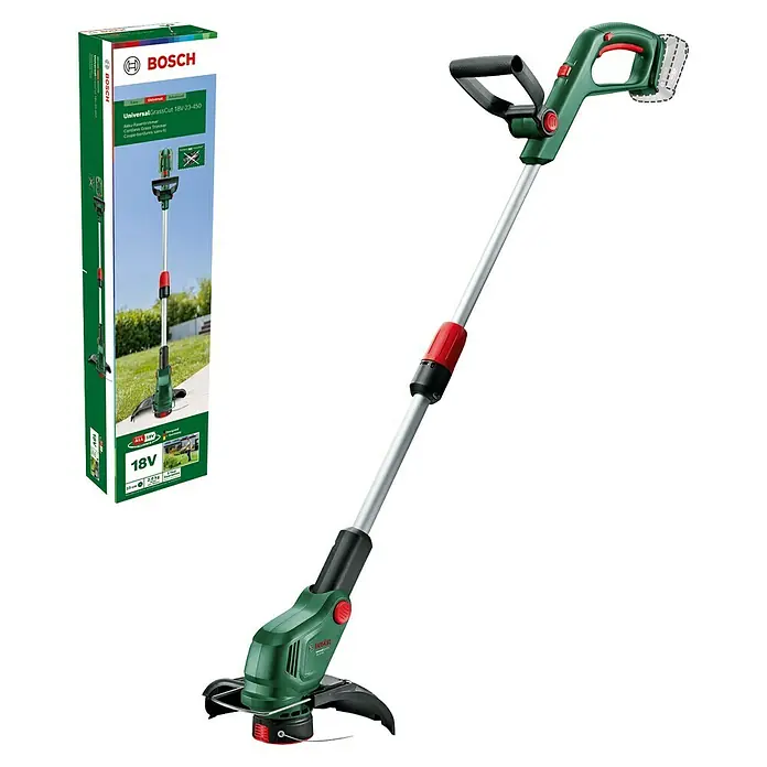 Bosch Power for All 18V Akku-Rasentrimmer UniversalGrassCut 18V-23-450 - 18 V, Ohne Akku - Abbildung des Bosch UniversalGrassCut 18V-23-450 Akku-Rasentrimmers mit Teleskopstiel und Kantenschneiderfunktion.