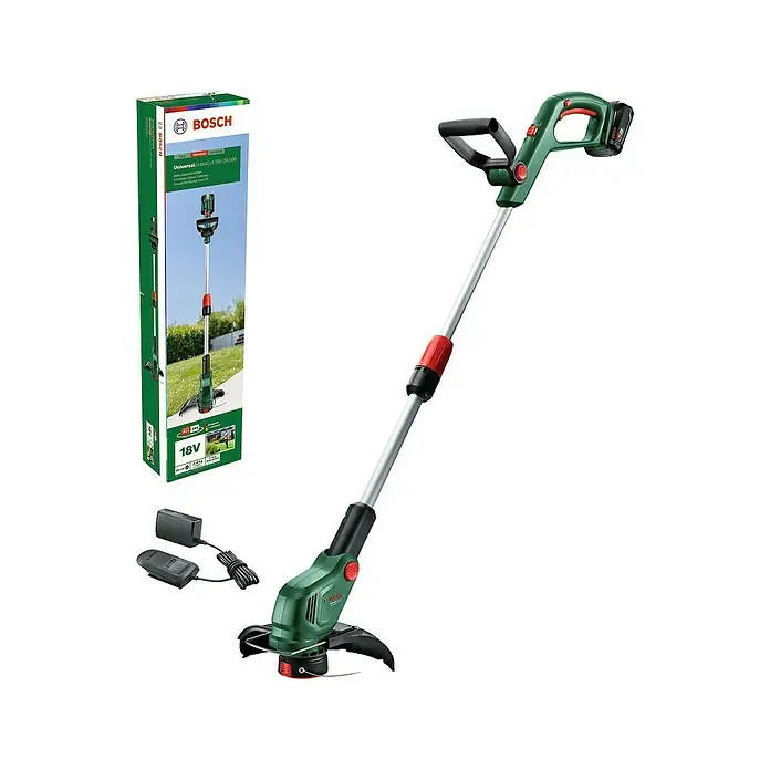 Bosch Power for All 18V Akku-Rasentrimmer UniversalGrassCut 18V-26-500 - 18 V, 2 Ah, Li-Ionen, 1 Akku - Abbildung des Bosch UniversalGrassCut 18V-26-500 Akku-Rasentrimmers mit Verpackung, Akku und Ladegerät.