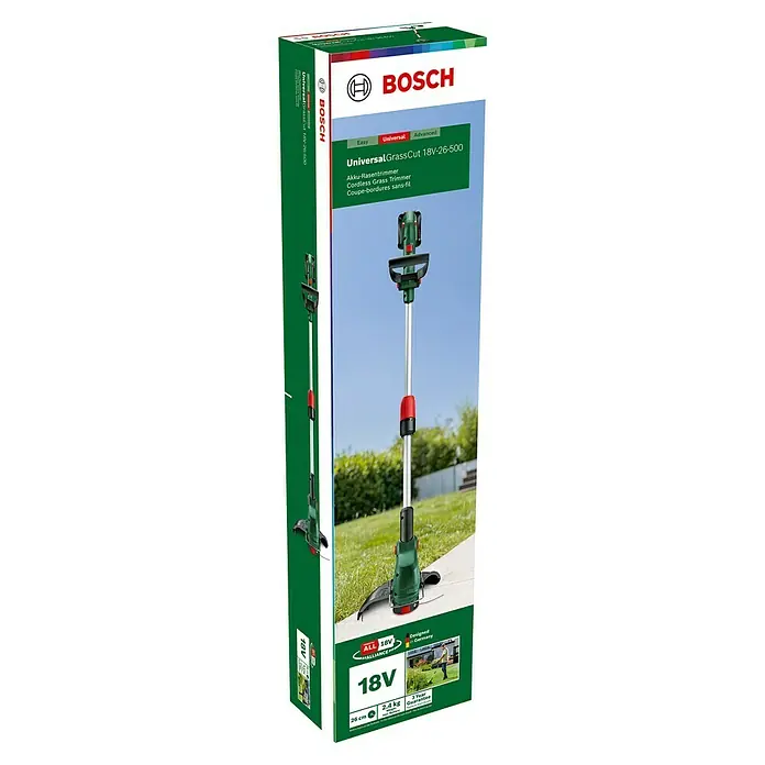 Bosch Power for All 18V Akku-Rasentrimmer UniversalGrassCut 18V-26-500 - 18 V, 2 Ah, Li-Ionen, 1 Akku - Kartonverpackung des Akku-Rasentrimmers Bosch UniversalGrassCut 18V-26-500 mit Produktbild und technischen Details.