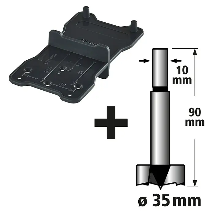 Wolfcraft Forstnerbohrer-Set - 2 -tlg., Durchmesser Schaft: 10 mm - Bild einer Bohrlehre und eines 35-mm-Forstnerbohrers mit Maßangaben.