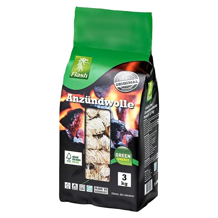 Flash Öko-Anzündwolle - 3 kg - Bild einer 3kg Packung Flash Anzündwolle, ideal zum Anzünden von Grill und Kamin. Hergestellt in Deutschland.
