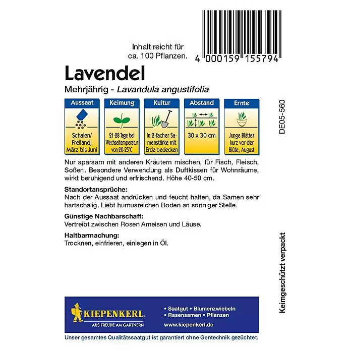 Kiepenkerl Blumensamen Lavendel - Lavandula angustifolia, Blau, Saatzeit: März - Samenpäckchen für Lavendel (Lavandula angustifolia) mit Anbauanleitung, Barcode und Markenlogo.
