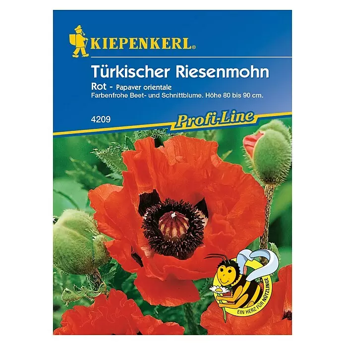 Kiepenkerl Profi-Line Blumensamen Türkischer Riesenmohn - Papaver orientale, Rot, Saatzeit: April, Blütezeit: Juni - KIEPENKERL Samenpackung 'Türkischer Riesenmohn' mit roter Blüte und Biene-Logo.