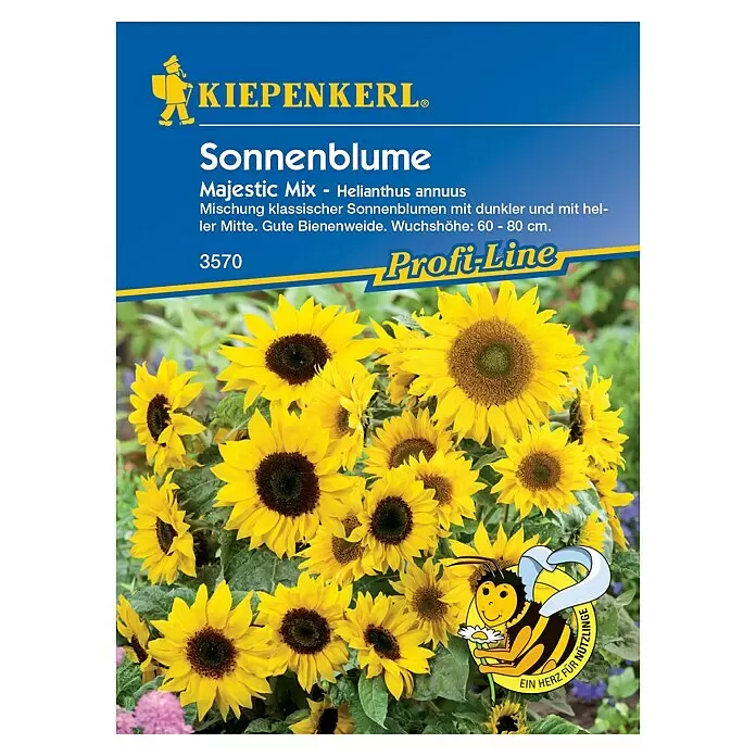 Kiepenkerl Profi-Line Blumensamen Sonnenblumen - Helianthus annuus, Gelb, Saatzeit: April, Blütezeit: Juli - Blaue Samenpackung Kiepenkerl Majestic Mix Sonnenblumen mit gelben Blüten und Bienen-Logo.