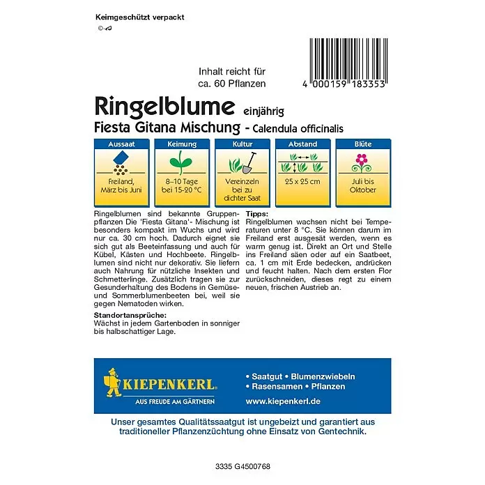 Kiepenkerl Profi-Line Blumensamen Ringelblumen - Calendula officinalis, Mehrfarbig, Saatzeit: März, Blütezeit: Juli - Samenpäckchen für 'Ringelblume Fiesta Gitana Mischung' (Calendula officinalis) mit Pflanzanleitung und Firmenlogo.
