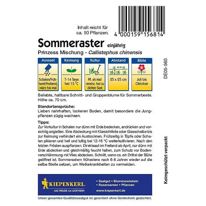 Kiepenkerl Blumensamen Sommerastern - Callistephus chinensis, Mehrfarbig, Saatzeit: März, Blütezeit: Juli - Samentüte für Sommeraster 'Prinzess Mischung' (Callistephus chinensis) mit Aussaat- und Pflanzeninformationen.