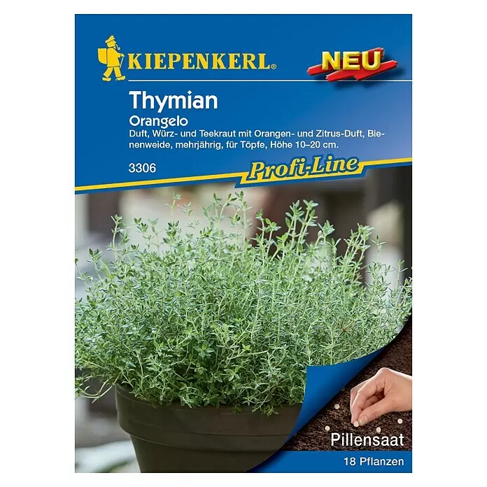 Kiepenkerl Profi-Line Kräutersamen Thymian - Thymus fragrantissimus, Saatzeit: März, Erntezeit: Mai, Blütezeit: Juni - KIEPENKERL Samenpackung 'Thymian Orangelo' mit Topfpflanze, einer Hand, die Samen sät, und "Pillensaat" für 18 Pflanzen.
