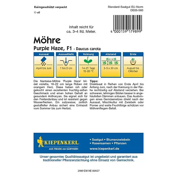 Kiepenkerl Profi-Line Gemüsesamen Möhren - Daucus carota, Saatzeit: April, Erntezeit: August - Kiepenkerl 'Purple Haze' Möhren-Saatgutpackung mit Pflanzanleitung und Produktinformationen.