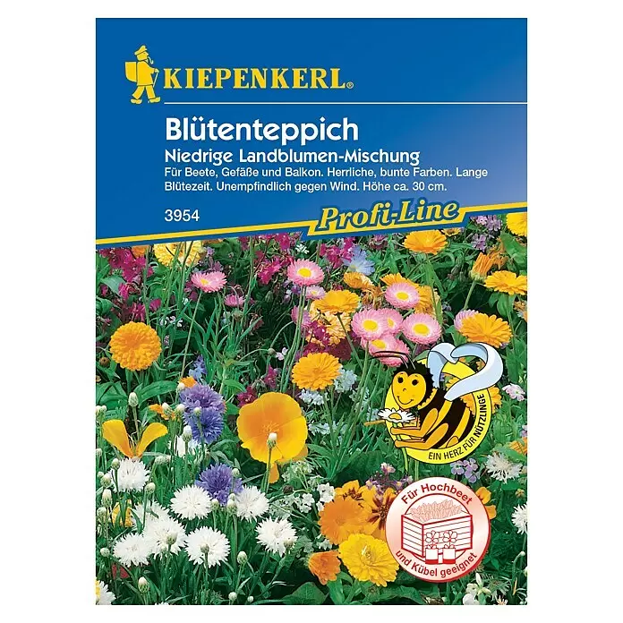 Kiepenkerl Profi-Line Blumensamenmischung Blumen-Mischung - Mischung, Mehrfarbig, 2 m² - KIEPENKERL Samenpäckchen 'Blütenteppich' für niedrige Landblumen-Mischung mit bunter Blumenillustration und Bienen-Logo, geeignet für Beet und Kübel.