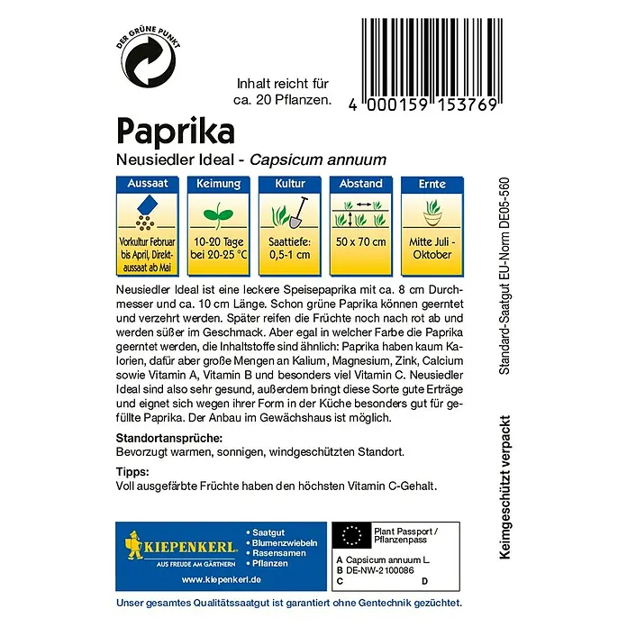 Kiepenkerl Gemüsesamen Paprika - Capsicum annuum, Saatzeit: Februar, Erntezeit: Juli - Bild einer Paprika Neusiedler Ideal Samenpackung.