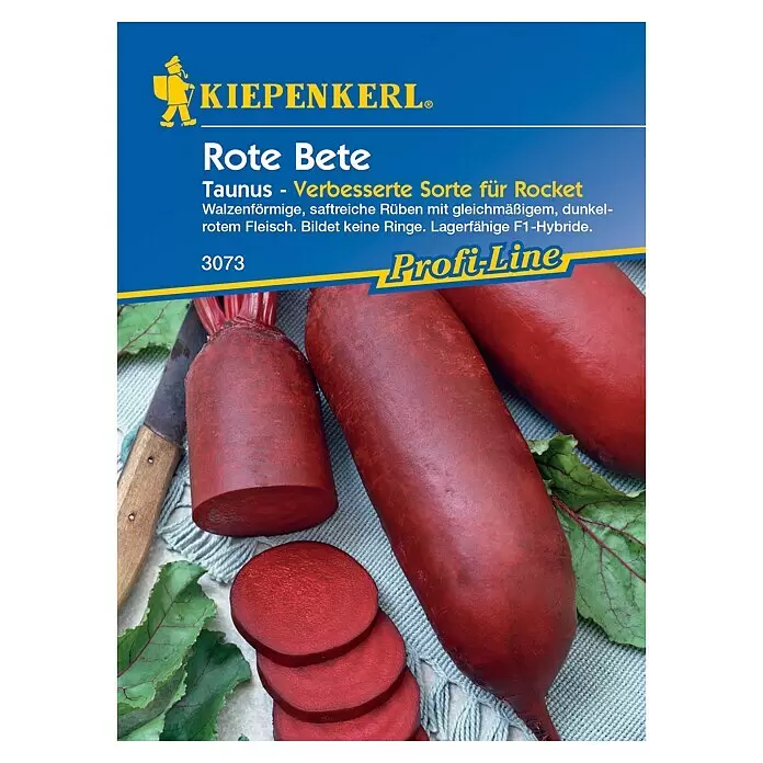 Kiepenkerl Profi-Line Gemüsesamen Rote Bete - Beta vulgaris, Saatzeit: April, Erntezeit: Juli - KIEPENKERL® 'Taunus' Rote Bete, dunkelrot und walzenförmig, ganz und geschnitten auf einer Samentüte.