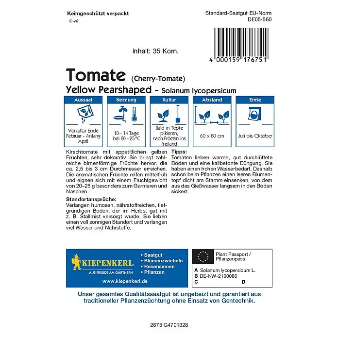 Kiepenkerl Profi-Line Gemüsesamen Cherrytomaten Yellow Pearshaped - Solanum lycopersicum, Saatzeit: Februar, Erntezeit: Juli - Weiße Kiepenkerl Samentüte für gelbe Birnen-Kirschtomaten (35 Korn) mit Pflanzanleitung und Sortenbeschreibung.