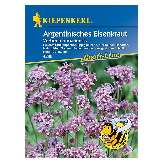 Kiepenkerl Profi-Line Blumensamen Eisenkraut - Verbena bonariensis, Blau, Saatzeit: Februar, Blütezeit: Juli - Samenpackung für Argentinisches Eisenkraut (Verbena bonariensis) mit violetten Blüten, Text und Bienenlogo.