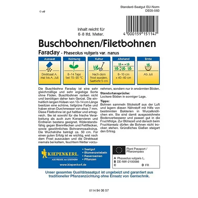 Kiepenkerl Profi-Line Gemüsesamen Buschbohnen - Phaseolus vulgaris var. nanus, Saatzeit: Mai, Erntezeit: Juli - Saatgutpäckchen für 'Buschbohnen/Filetbohnen Faraday' mit Pflanzanleitung und Markenlogo.