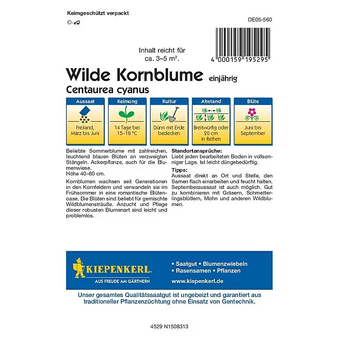 Kiepenkerl Profi-Line Blumensamen Wilde Kornblume - Centaurea cyanus, Blau, Saatzeit: März, Blütezeit: Juni, 3 m² - Kiepenkerl Samentüte für Wilde Kornblume (Centaurea cyanus) mit Aussaatanleitung und Barcode.