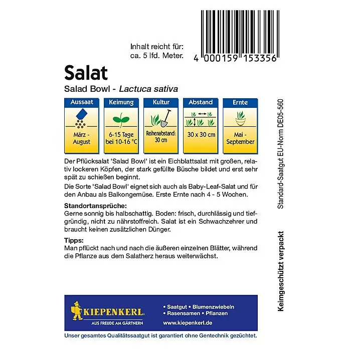 Kiepenkerl Salatsamen Pflücksalat - Lactuca sativa, Erntezeit: Mai, 1,5 g - Kiepenkerl 'Salad Bowl' Pflücksalat-Samenpackung mit Anbauanleitung, Barcode und EU-Norm-Kennzeichnung. Keimgeschützt verpackt.
