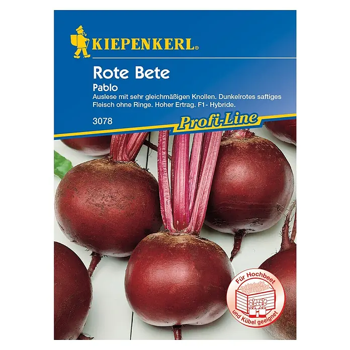 Kiepenkerl Profi-Line Gemüsesamen Rote Bete - Beta vulgaris var. vulgaris, Saatzeit: April, Erntezeit: August - Abbildung einer Samenpackung für "Kiepenkerl Rote Bete Pablo", eine Auslese mit gleichmäßigen Knollen und hohem Ertrag.