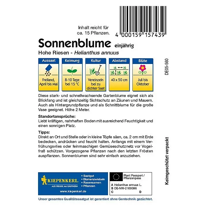 Kiepenkerl Blumensamen Sonnenblumen - Helianthus annuus, Gelb, Saatzeit: April, Blütezeit: Juli - KIEPENKERL Sonnenblumen-Samenpackung mit Pflanzanleitung und Pflanzenpass.