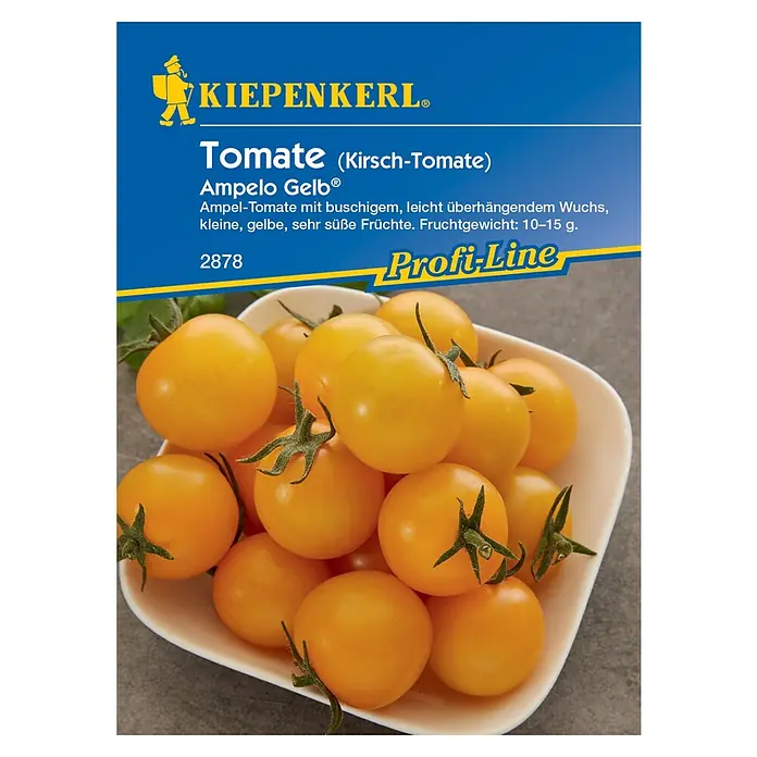 Kiepenkerl Profi-Line Gemüsesamen Kirschtomaten - Solanum lycopersicum, Saatzeit: Februar, Erntezeit: Juli - Produktabbildung einer Samentüte "Tomate Ampelo Gelb" von Kiepenkerl, die gelbe Cherrytomaten in einer Schale zeigt.