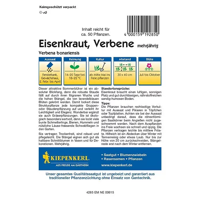 Kiepenkerl Profi-Line Blumensamen Eisenkraut - Verbena bonariensis, Blau, Saatzeit: Februar, Blütezeit: Juli - Kiepenkerl Samenpackung für Eisenkraut (Verbena bonariensis) mit Aussaat- und Pflegeanleitung.