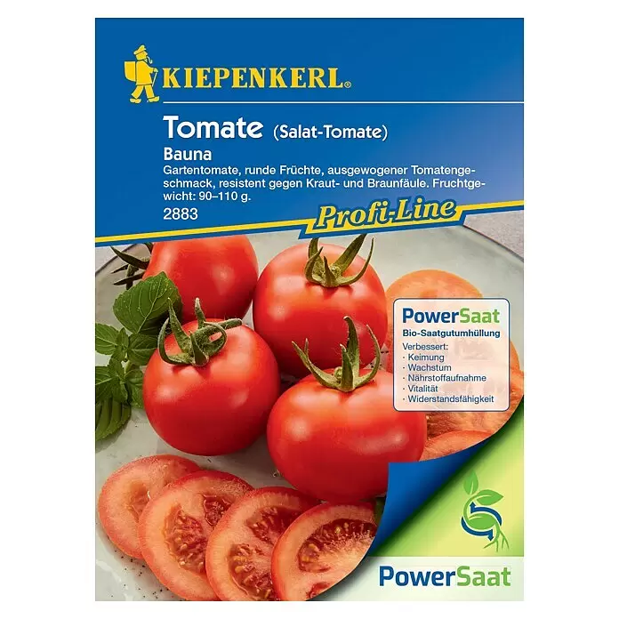 Kiepenkerl Profi-Line Gemüsesamen Salattomaten PowerSaat - Solanum lycopersicum, Saatzeit: Februar, Erntezeit: Juli - KIEPENKERL® Tomatensamen 'Bauna' Packung mit roten Tomaten, zeigt Salat-Tomaten und PowerSaat-Technologie.