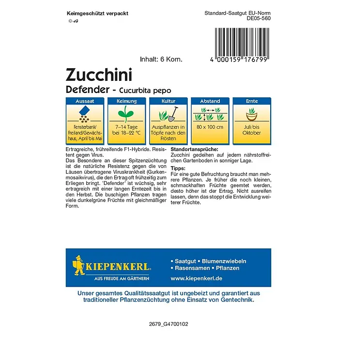 Kiepenkerl Profi-Line Gemüsesamen Zucchini Defender F1 - Cucurbita pepo, Saatzeit: April, Erntezeit: Juli - Bild einer Samenpackung für "Zucchini Defender - Cucurbita pepo" mit Infos zu Aussaat, Keimung und Erntezeit.