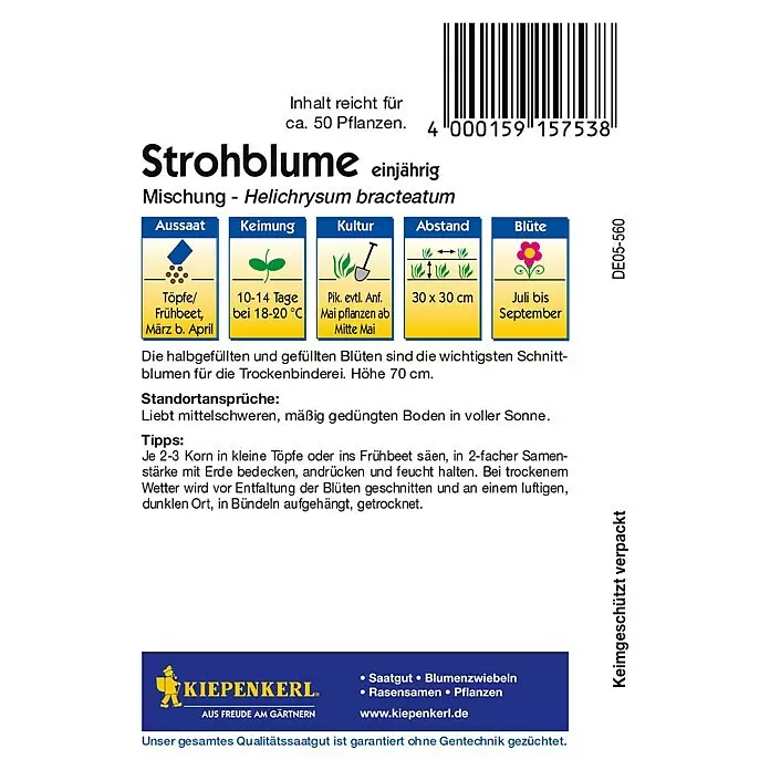 Kiepenkerl Blumensamen Strohblumen - Helichrysum bracteatum, Mehrfarbig, Saatzeit: März, Blütezeit: Juli - Kiepenkerl Strohblume Samenpackung mit Pflanzanweisungen, Barcode und Logo.