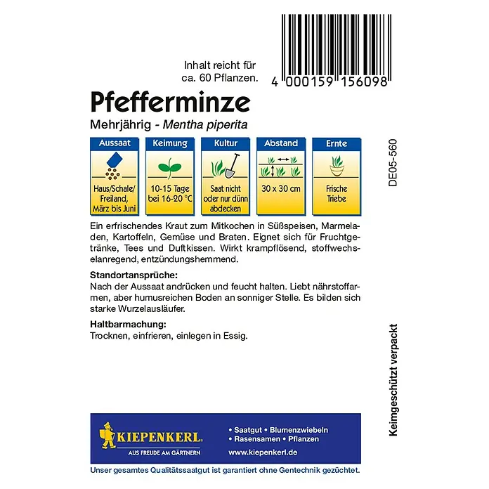 Kiepenkerl Kräutersamen Pfefferminze mehrjährig - Mentha piperita, Saatzeit: März, Erntezeit: Juni - Bild einer Pfefferminz-Samenpackung von Kiepenkerl mit Anweisungen zur Aussaat und Pflege.