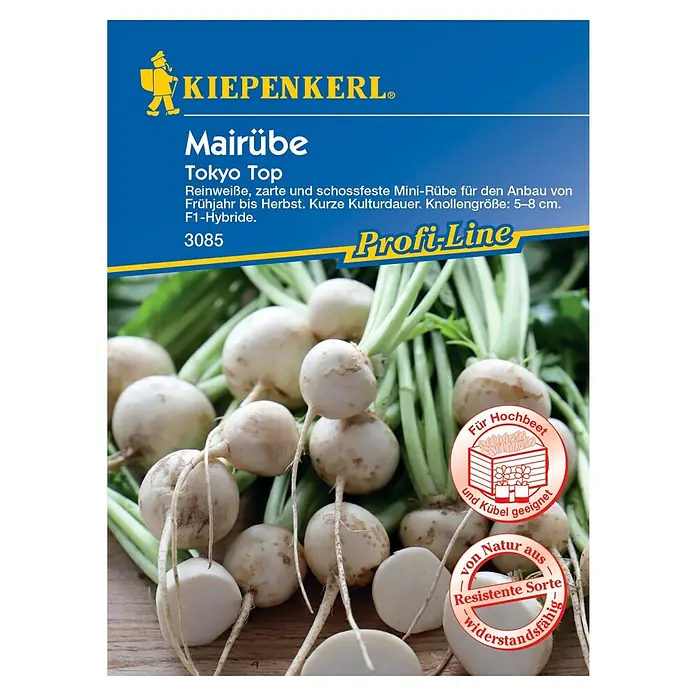 Kiepenkerl Profi-Line Gemüsesamen Mairüben - Brassica rapa, Saatzeit: April, Erntezeit: Mai - Das Bild zeigt eine Packung "Tokyo Top" Mairüben-Samen von Kiepenkerl. Die Mairüben sind weiß und rund.