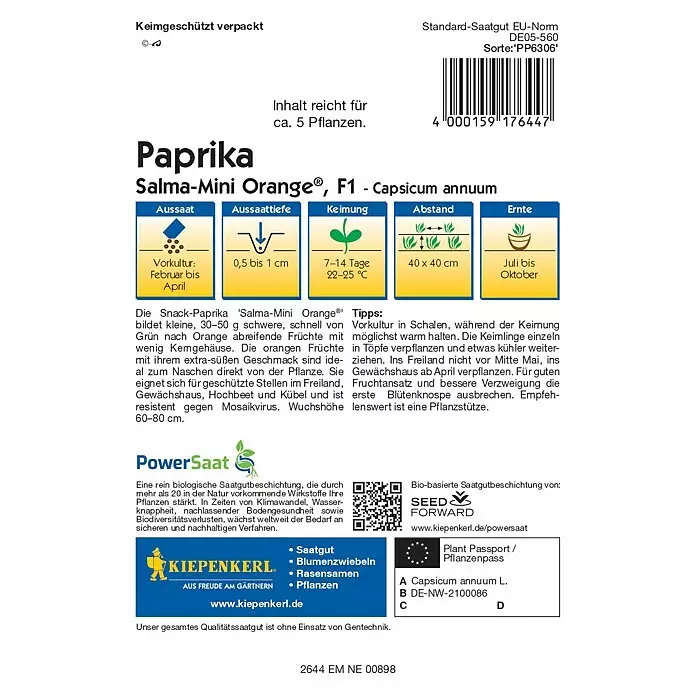 Kiepenkerl Profi-Line Gemüsesamen Paprika PowerSaat - Capsicum annuum, Saatzeit: Februar, Erntezeit: Juli - Weißes Samenpäckchen mit blauen und gelben Akzenten für Paprika Salma-Mini Orange, F1, mit Pflanzinformationen.