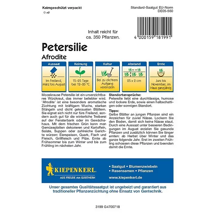 Kiepenkerl Profi-Line Kräutersamen Petersilie Afrodite 3199 - Petroselinum crispum var. crispum, Saatzeit: März, Erntezeit: Juni - Saatguttüte für Petersilie Afrodite, weiß mit grünen und gelben Abschnitten, zeigt Pflanzinformationen und Firmenlogo.