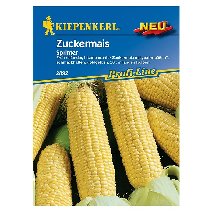 Kiepenkerl Profi-Line Gemüsesamen Zuckermais - Zea mays, Saatzeit: April, Erntezeit: August - Bild einer Packung „Kiepenkerl Zuckermais Sprinter“-Samen, einer frühreifen, hitzebeständigen und extra-süßen Maissorte.