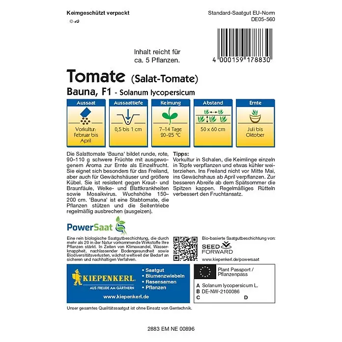 Kiepenkerl Profi-Line Gemüsesamen Salattomaten PowerSaat - Solanum lycopersicum, Saatzeit: Februar, Erntezeit: Juli - Samentüte für Kiepenkerl 'Bauna F1' Salattomaten mit Pflanzanleitung und botanischem Namen.