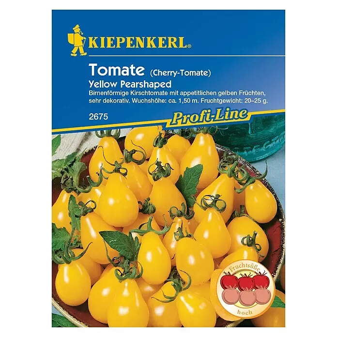 Kiepenkerl Profi-Line Gemüsesamen Cherrytomaten Yellow Pearshaped - Solanum lycopersicum, Saatzeit: Februar, Erntezeit: Juli - Saatgutpackung für 'Yellow Pearshaped' Kirschtomaten mit reifen gelben birnenförmigen Tomaten.