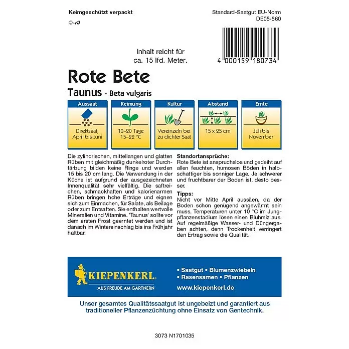 Kiepenkerl Profi-Line Gemüsesamen Rote Bete - Beta vulgaris, Saatzeit: April, Erntezeit: Juli - Saattüte für 'Taunus' Rote Bete mit Produktinformationen und Aussaatanweisungen.