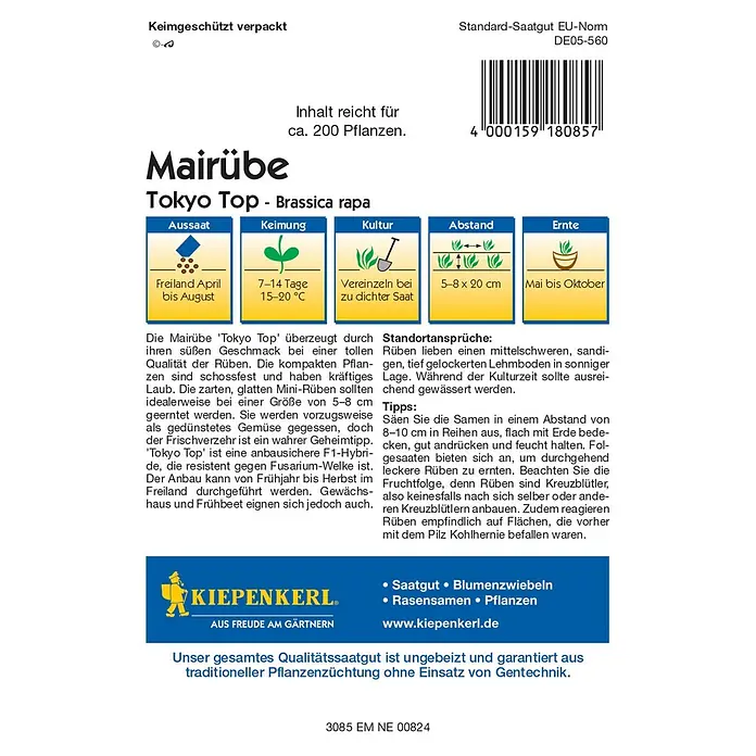 Kiepenkerl Profi-Line Gemüsesamen Mairüben - Brassica rapa, Saatzeit: April, Erntezeit: Mai - Samentüte für Mairübe 'Tokyo Top', eine frühe, robuste und wohlschmeckende Sorte. Ideal für den Anbau im Garten oder Gewächshaus.