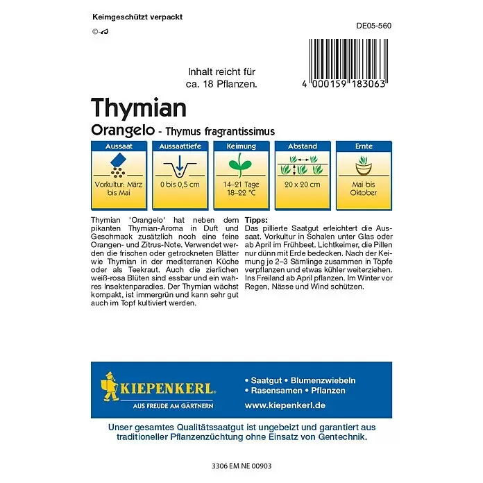 Kiepenkerl Profi-Line Kräutersamen Thymian - Thymus fragrantissimus, Saatzeit: März, Erntezeit: Mai, Blütezeit: Juni - Samenpackung für 'Thymian Orangelo' mit botanischem Namen, Aussaatanleitung und Anbautipps.