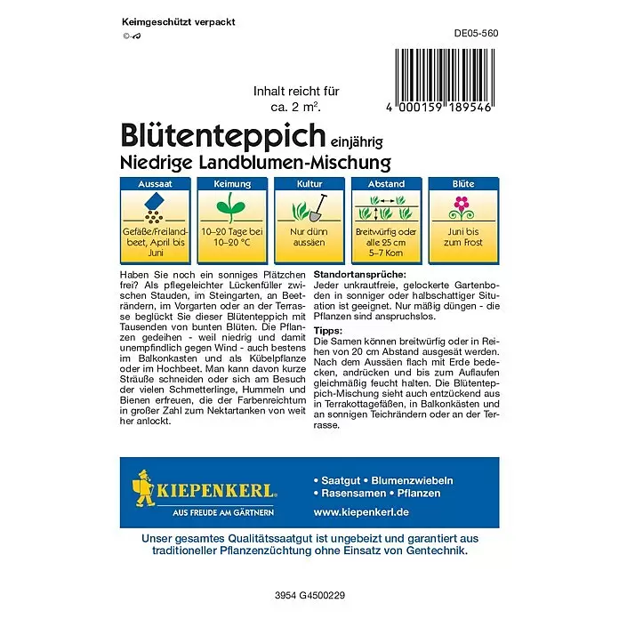 Kiepenkerl Profi-Line Blumensamenmischung Blumen-Mischung - Mischung, Mehrfarbig, 2 m² - KIEPENKERL Samentüte für einjährige Blütenteppich-Wildblumenmischung, weiß mit blauen/grünen Infoboxen und farbigem Titel.